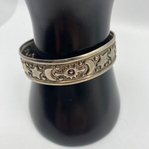 Celestial Sun Moon Stars Cuff Bracelet Silver Tone Antiqued Embossed Open